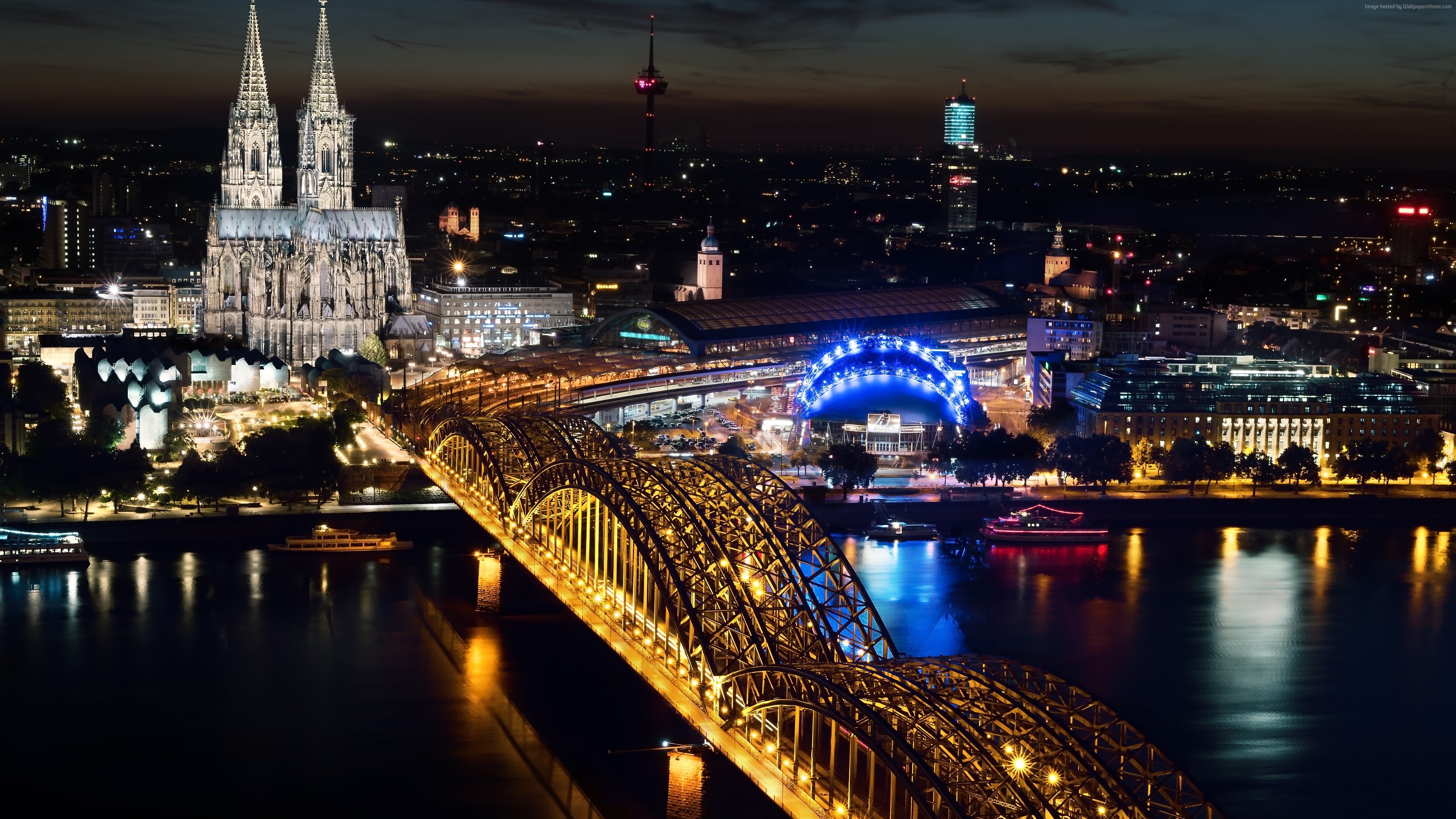 Wallpaper Cologne Cathedral, Hohenzollern bridge, Germany, Cologne, Europe, night, 5k, Travel